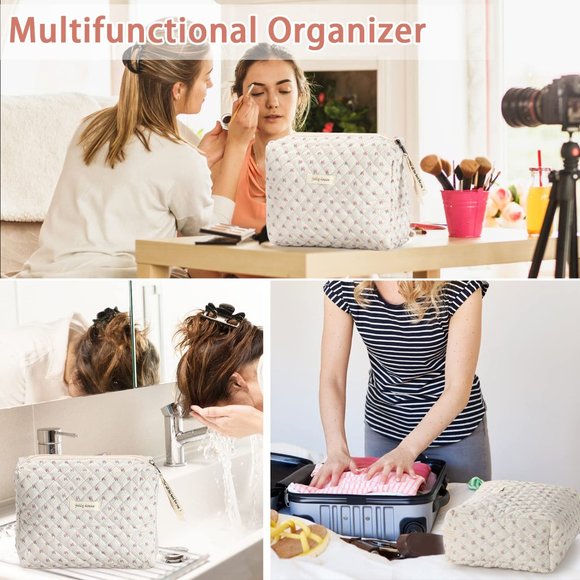 Women Kawaii Floral Cosmetic Large Travel Toiletry Bag Quilted Cosmetic Pouch - Picture 4 of 8